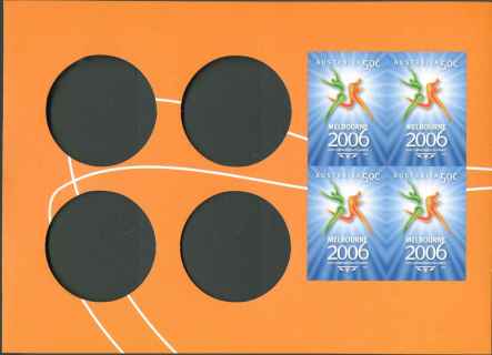 Australia-2006-Sports-of-the-Commonwealth-Games-Coin-stamp-booklet-4-x-50-cent-Multi-Pimperf-Four-sheet-stamps