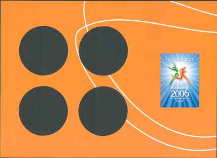 Australia-2006-Sports-of-the-Commonwealth-Games-Coin-stamp-booklet-50-cent-Multi-Pdie-cut-simulation-Single-self-adhesive-stamp-as-4536-but-on-orange-background-with-holes-for