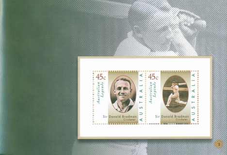 Australia-2007-10-Years-of-Australian-Legends-Prestige-Booklet-2-x-45-cent-Multi-P-Pair-Sir-Donald-Bradman-on-special-sheetlet-as-3417