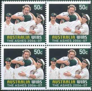 Australia-2007-Australia-Wins-the-Ashes-Cricket-2006-7-4-x-50-cent-Multi-Ptba-Block-of-4-sheet-stamps-all-4826-SG2739