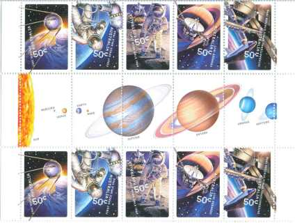 Australia-2007-Blast-off-50-Years-in-Space-10-X-50-cent-Multi-P14-6-x-13-86-Ten-stamps-4978-to-4982-incl-with-decorative-gutter-showing-planets-SG