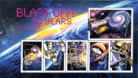 Australia-2007-Blast-off-50-Years-in-Space-3-5-dollar-Multi-P14-4-x-14-Dimensions-52-mm-x-30-mm