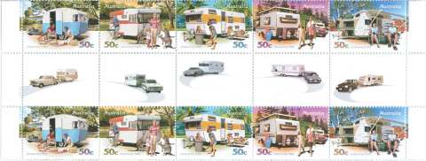 Australia-2007-Cararvanning-through-the-Years-5-x-50-cent-Multi-P13-86-x-14-6-Different-motif-in-gutter-between-each-pair-SG