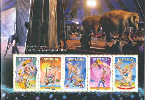 Australia-2007-Circus-Under-the-Big-Top-5-x-50-cent-Multi-P14-6-x-13-86-One-each-of-4920-to-4924-in-sheet-stamp-srtip-SG