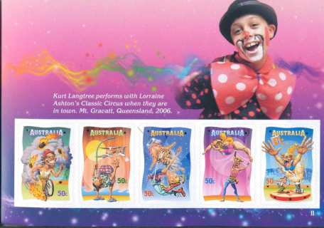 Australia-2007-Circus-Under-the-Big-Top-5-x-50-cent-Multi-PDie-cut-11-5-x-11-2-IDC-One-each-of-4920-to-4924-design-in-peel-n-stick-on-sheetlet-with-metallised-decoration-SG