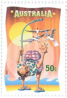 Australia-2007-Circus-Under-the-Big-Top-50-cent-Multi-P14-6-x-13-86-Cartoon-clown-leaning-backwards-feeding-hot-chips-to-model-seagulls-SG2819