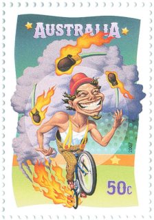 Australia-2007-Circus-Under-the-Big-Top-50-cent-Multi-P14-6-x-13-86-Cartoon-fire-juggling-cyclist-in-circus-ring-SG2818