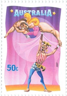 Australia-2007-Circus-Under-the-Big-Top-50-cent-Multi-P14-6-x-13-86-Cartoon-strong-man-holding-aloft-contortionist-woman-SG2821