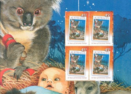 Australia-2007-Fifty-Years-of-Christmas-Stamps-4-x-45-cent-Multi-P13-86-x-14-6-Prestige-booklet-mini-sheet-style-on-art-background-SG_1