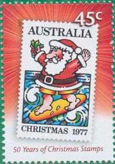 Australia-2007-Fifty-Years-of-Christmas-Stamps-45-cent-Multi-P18-86-x-14-6-Stamp-on-stamp-modified-year-1977-2163-Surfboard-Santa-SG2896