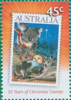 Australia-2007-Fifty-Years-of-Christmas-Stamps-45-cent-Multi-P18-86-x-14-6-Stamp-on-stamp-modified-year-1990-2859-native-creatures-over-crib-SG2894