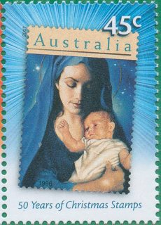 Australia-2007-Fifty-Years-of-Christmas-Stamps-45-cent-Multi-P18-86-x-14-6-Stamp-on-stamp-modified-year-1996-3409-Madonna-and-Child-SG2895