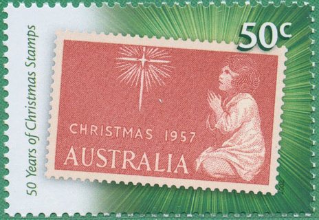 Australia-2007-Fifty-Years-of-Christmas-Stamps-50-cent-Multi-P14-6-x-18-86-Stamp-on-stamp-modified-1469-year-1957-Reynolds-painter-kneeling-child-SG2897