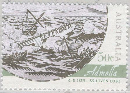 Australia-2007-Historic-Shipwrecks-50-cent-Greyscale-with-green-under-Admella-P13-86-x-14-6-Admella-sunk-6-August-1859-on-SE-of-Sth-Aust-89-lives-lost