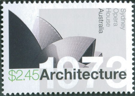 Australia-2007-Landmarks-Australian-Modernist-Architecture-2-45-dollar-Monochrome-with-vale-in-mid-green-P13-85-x-14-6-Sydney-Opera-House