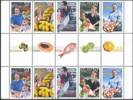 Australia-2007-Market-Feast-Produce-10-X-50-cent-Multi-P14-6-x-13-86-Two-strips-of-5-each-of-4954-to-4958-incl-