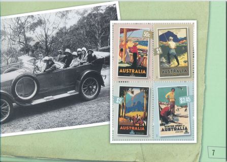 Australia-2007-Nostalgic-Tourism-Poster-Art-2-45-dollar-Multi-P14-6-x-13-86-Bock-of-4-2-x-2-sheet-stamps-on-bagkground-with-old-car