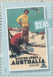 Australia-2007-Nostalgic-Tourism-Poster-Art-2-45-dollar-Multi-P14-6-x-13-86-Winter-Sport-by-James-Northfield