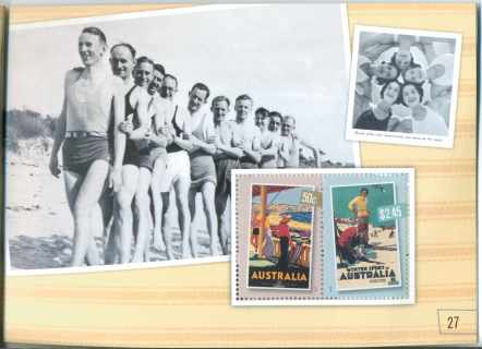 Australia-2007-Nostalgic-Tourism-Poster-Art-2-dollar-Multi-P14-6-x-13-86-Horizontal-se-tenat-pair-sheet-stamps-4906-to-4907-with-line-of-old-swimmers-background-SG