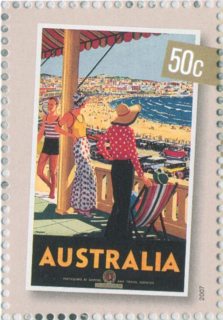 Australia-2007-Nostalgic-Tourism-Poster-Art-50-cent-Multi-P14-6-x-13-86-At-the-Beach-by-Percy-Trompf