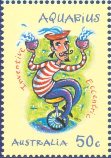 Australia-2007-Signs-of-the-Zodiac-50-cent-Multi-P14-6-x-13-86-Aquarius-cartoon-circus-man-on-unicycle