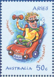 Australia-2007-Signs-of-the-Zodiac-50-cent-Multi-P14-6-x-13-86-Aries-cartoon-man-in-sports-car