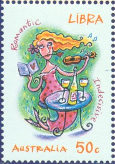 Australia-2007-Signs-of-the-Zodiac-50-cent-Multi-P14-6-x-13-86-Libra-cartoon-woman-at-table-with-violin-and-wine