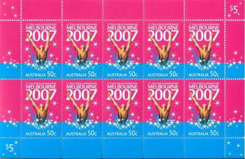 Australia-2007-Twelfth-FINA-world-swimming-championships-10-x-50-cent-Multi-Pdie-cut-11-3-x-11-1-Ten-red-and-blue-stamp-Melbourne-2007-with-white-stars