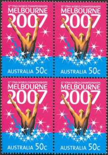 Australia-2007-Twelfth-FINA-world-swimming-championships-4-x-50-cent-Multi-P14-6-x-13-9-Block-of-4-red-and-blue-stM