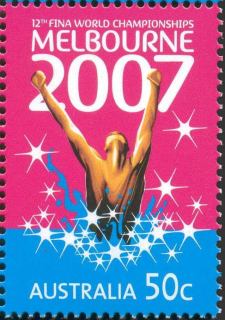 Australia-2007-Twelfth-FINA-world-swimming-championships-50-cent-Multi-P14-6-x-13-9-Single-red-and-blue-stamp-Melbourne-2007-with-white-stars-SG2767