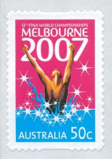 Australia-2007-Twelfth-FINA-world-swimming-championships-50-cent-Multi-Pdie-cut-11-3-x-11-1-Single-red-and-blue-stamp-Melbourne-2007-with-white-stars-SG2767b