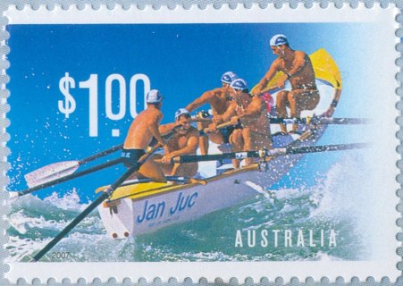 Australia-2007-Year-of-the-Surf-Lifesaver-1-dollar-Multi-P13-86-x-14-6-Five-men-in-yellow-and-white-surf-boat-Jan-Juc-