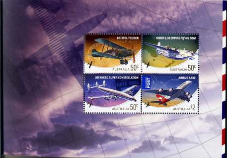 Australia-2008-Aviation-4-x-50-cent-Multi-P13-86-x-14-6-Prestige-booklet-sheet-with-all-4-stamps-of-issue