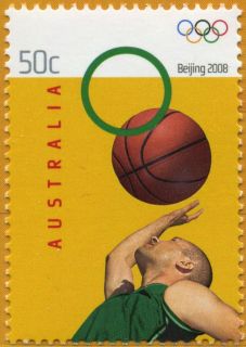 Australia-2008-Beijing-2008-Olympic-Stamps-50-cent-Multi-P14-6-x-13-86-Green-ring-and-basketball-make-lucky-8