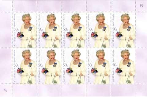 Australia-2008-Birthday-Queen-Elizabeth-II-10-x-50-cent-Multi-P14-6-x-13-86-2-rows-of-5-sheet-stamps