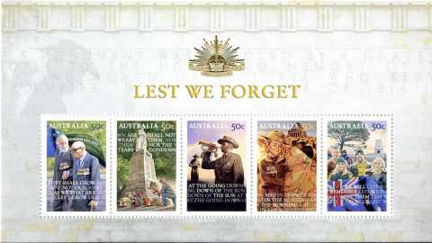 Australia-2008-Lest-we-Forget-ANZAC-Ceremony-5-x-50-cent-Multi-P14-6-x-13-86-Miniature-sheet