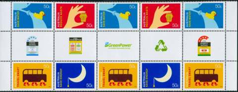 Australia-2008-Living-Green-10-x-50-cent-Multi-P13-86-x-14-6-Different-image-between-stamps-in-gutter-Three-of-5140-and-5142