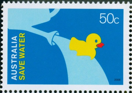 Australia-2008-Living-Green-50-cent-Multi-P13-86-x-14-6-Save-water-yellow-duck-on-blue-water-stream-from-can-SG3012