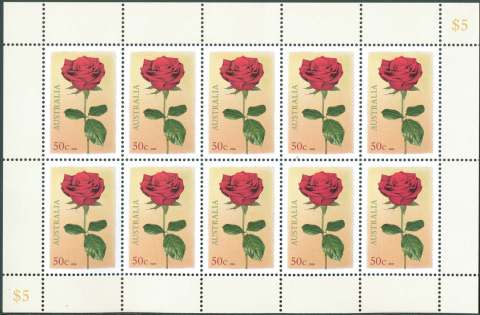 Australia-2008-Love-Blooms-Red-Rose-10-x-50-cent-Multi-P14-6-x-13-86-2-horiz-rows-of-5-x-sheet-stamp