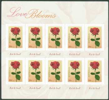 Australia-2008-Love-Blooms-Red-Rose-10-x-50-cent-Multi-PDie-cut-11-5-x-11-2-IDC-2-horiz-rows-of-5