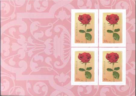 Australia-2008-Love-Blooms-Red-Rose-4-x-50-cent-Multi-PDie-cut-11-5-x-11-2-IDC-Five-different-backgrounds-to-block-of-2-x-2-of-5023