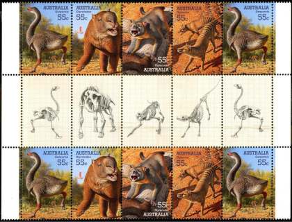 Australia-2008-Megafauna-large-extinct-Australian-creatures-10-x-55-cent-Multi-P14-6-x-13-86-The-four-stamps-of-55-cents