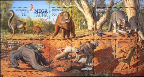 Australia-2008-Megafauna-large-extinct-Australian-creatures-4-4-dollar-Multi-P14-6-x-13-86-An-ensemble-sketch-with-all-sheet-stamps-5227-to-5232-inclusive-SGMS3091