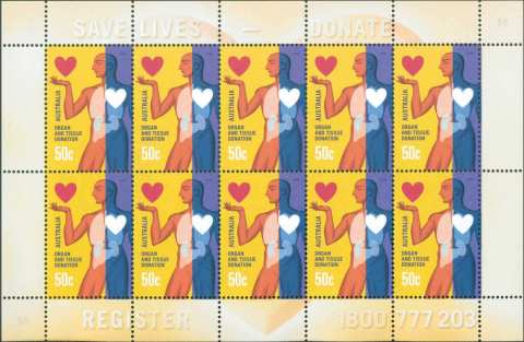 Australia-2008-Organ-Tissue-Donation-10-x-50-cent-Multi-P14-6-x-13-86-10-sheet-stamps-of-5037-with-decorative-selvedge-SG2916