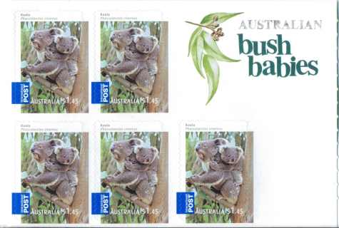 Australia-2009-Australian-Bush-Babies-Mammals-5-x-1-45-dollar-Multi-PDie-cut-Five-self-adhesives-of-design-5359-1-45-in-a-booklet-shown-unshown-is-another-booklet-for-5360-2