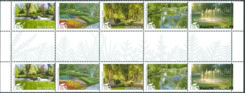 Australia-2009-Australian-Parks-Gardens-10-x-55-cent-Multi-P14-6-x-13-86-Strip-of-10-with-decoration-of-pine-trees-in-gutter-SG