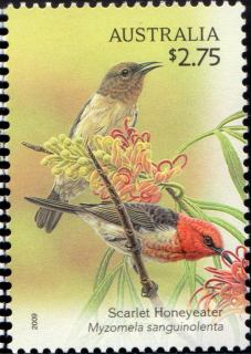 Australia-2009-Australian-Songbirds-2-75-dollar-Multi-P14-6-x-13-86-Scarlet-Honeyeater