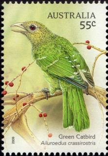 Australia-2009-Australian-Songbirds-55-cent-Multi-P14-6-x-13-86-Green-Catbird