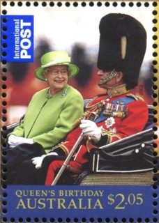 Australia-2009-Birthday-Queen-Elizabeth-II-2-05-dollar-Multi-P14-6-x-13-86-QEII-in-green-dress-in-carriage-with-Price-Philip-watching-trooping-of-colours-SG3186