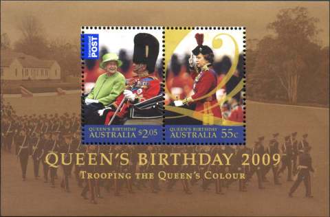 Australia-2009-Birthday-Queen-Elizabeth-II-2-6-dollar-Multi-P14-6-x-13-86-Two-stamps-5321-5322-in-horizontal-pair-on-background-of-Trooping-Colours-at-Royal-Military-College